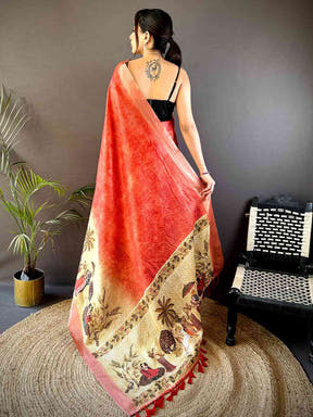 Red Kalamkari Pichwai Black Check Saree