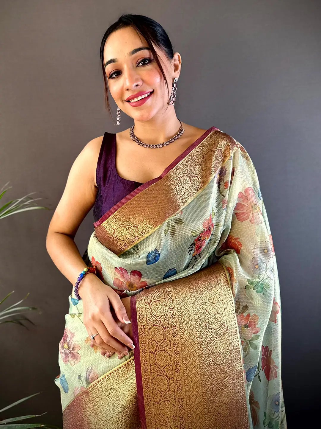Jade Green Floral Gold Zari Tissue Saree