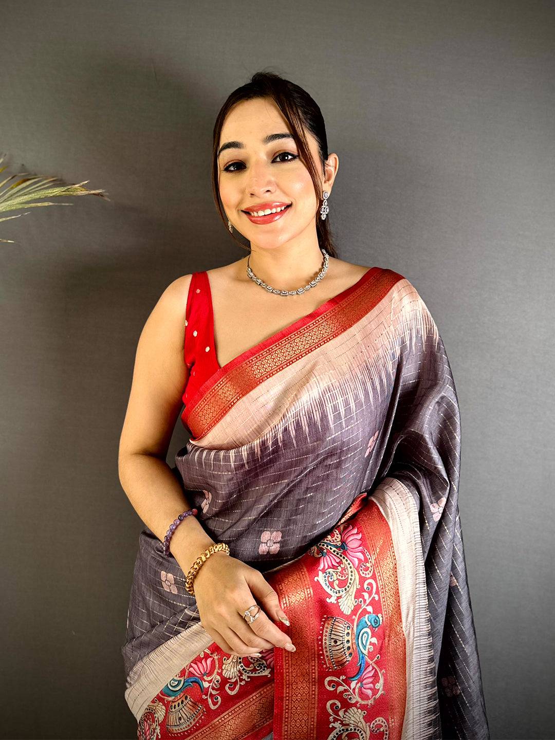 Grey Tanjore Art Semi Silk Saree
