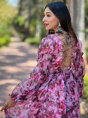 Back view of Wine Floral Bundl Print Dress with lace detail