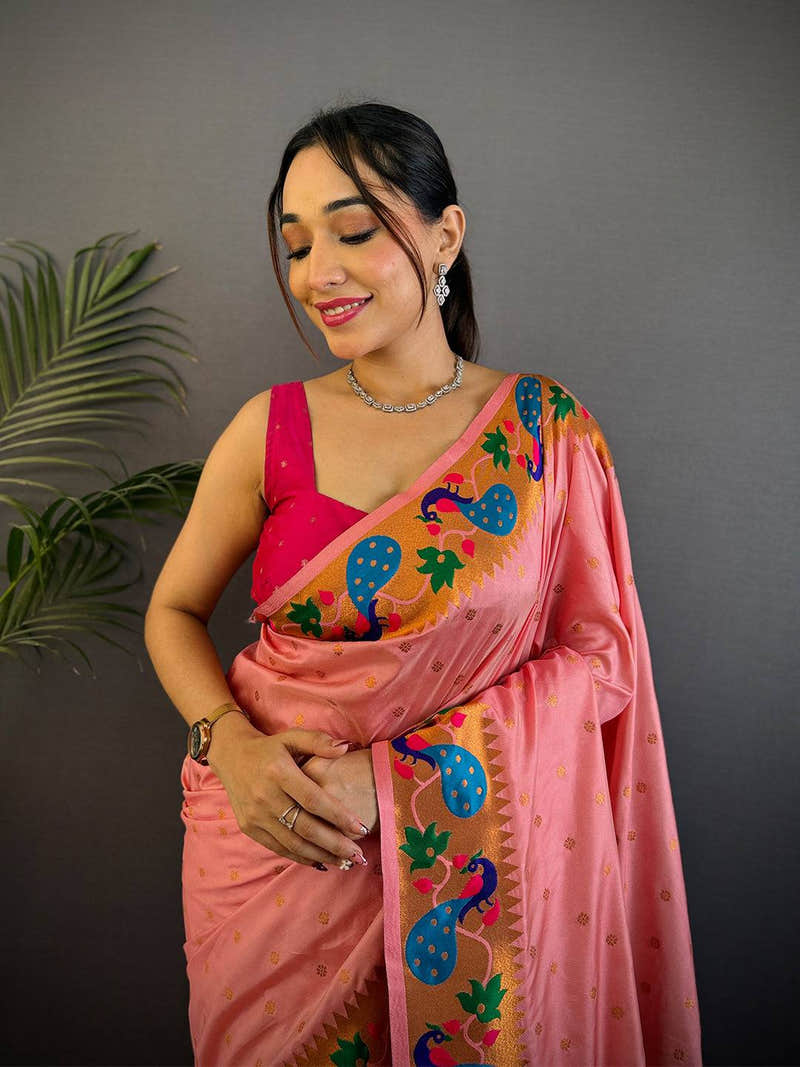 Peach Yeola Paithani Soft Silk Saree