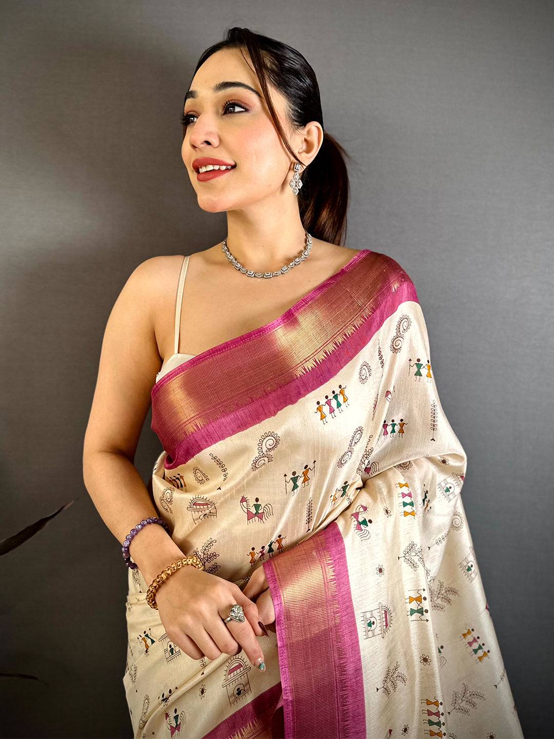 Pink Soft Dola Silk Warli Print Saree