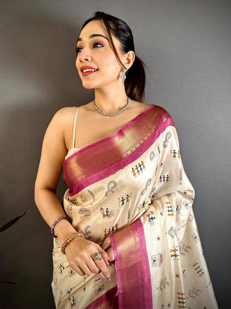 Pink Soft Dola Silk Warli Print Saree
