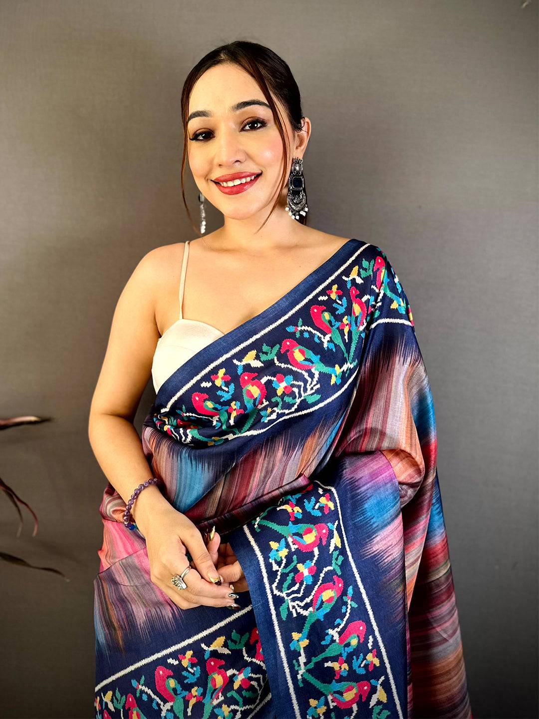 Vibrant Parrot Ikkat Print Tussar Saree