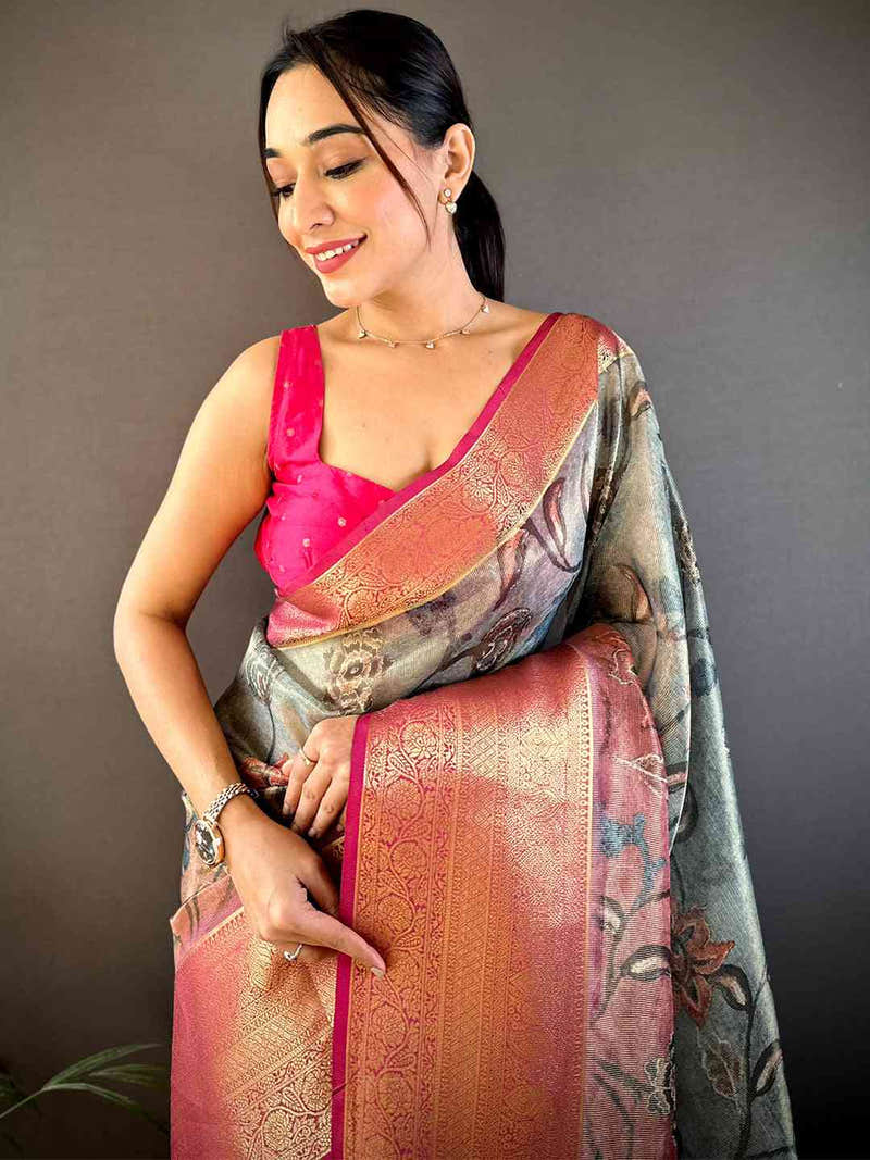 Ombre Kalamkari Gold Zari Tissue Saree