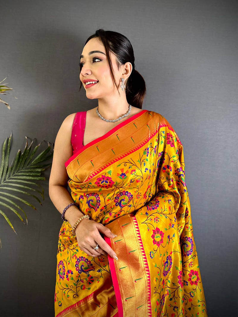Yellow Minakari Weave Soft Paithani Saree