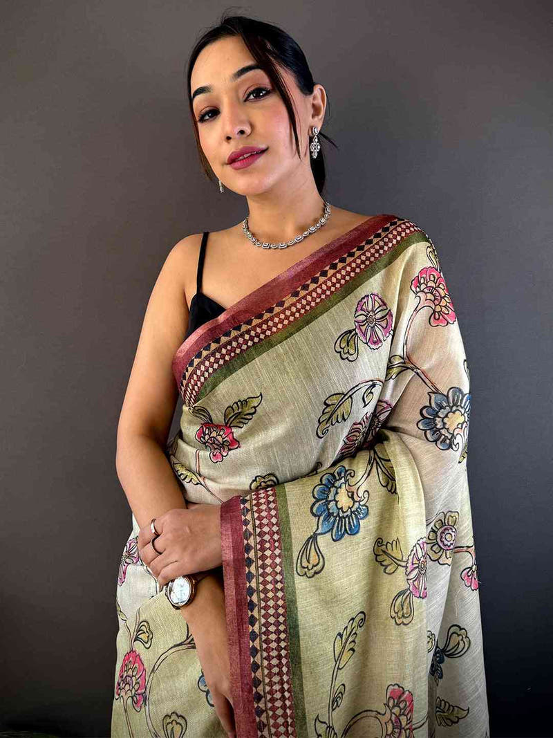 Swamp Green Zari Tussar Floral Saree

