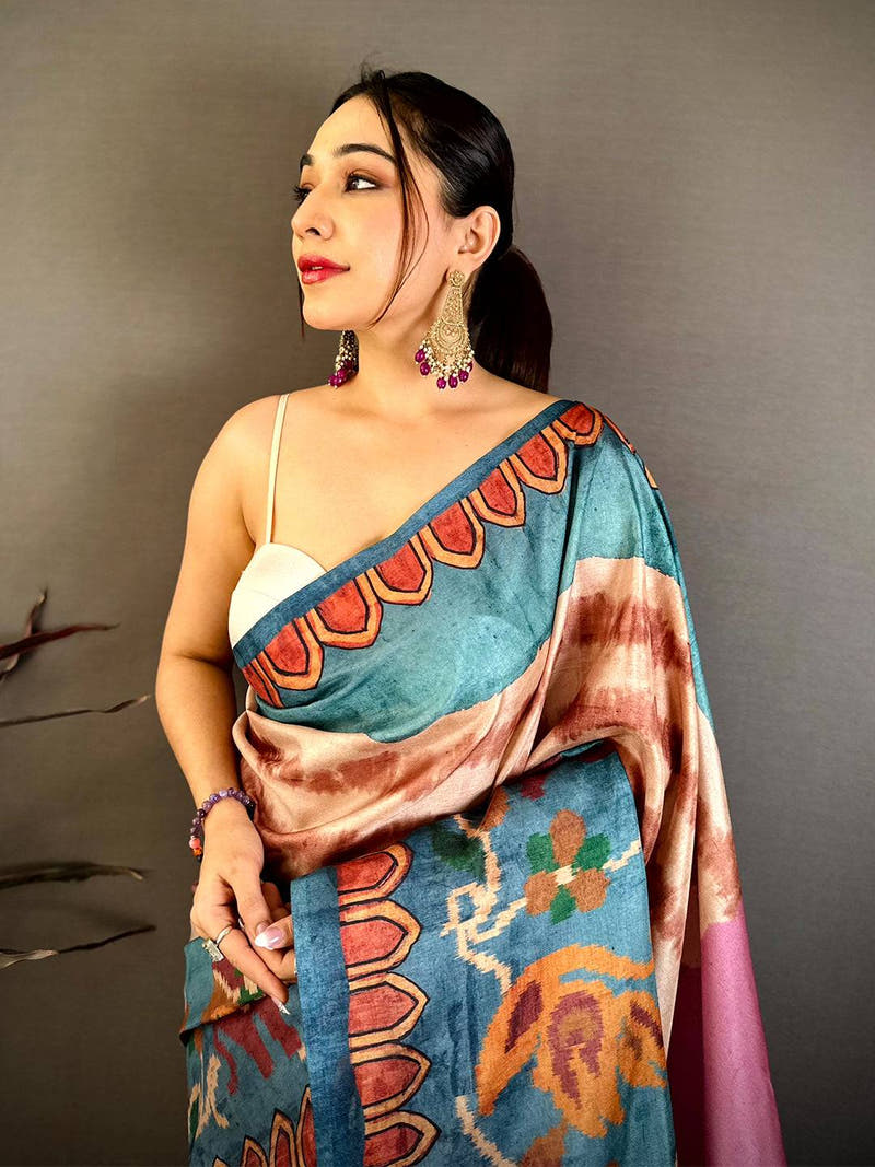 Opulent Ikkat Kalamkari Tussar Saree