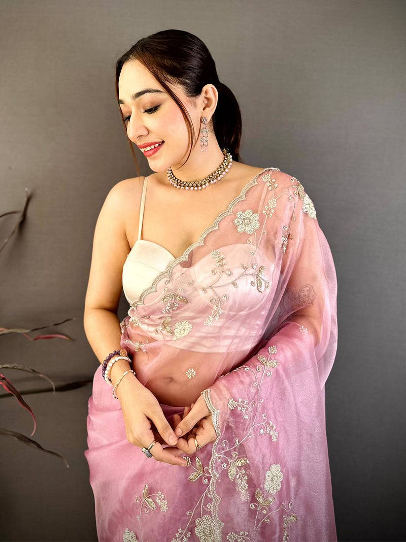 Pink Pearl Work Glass Organza Saree
