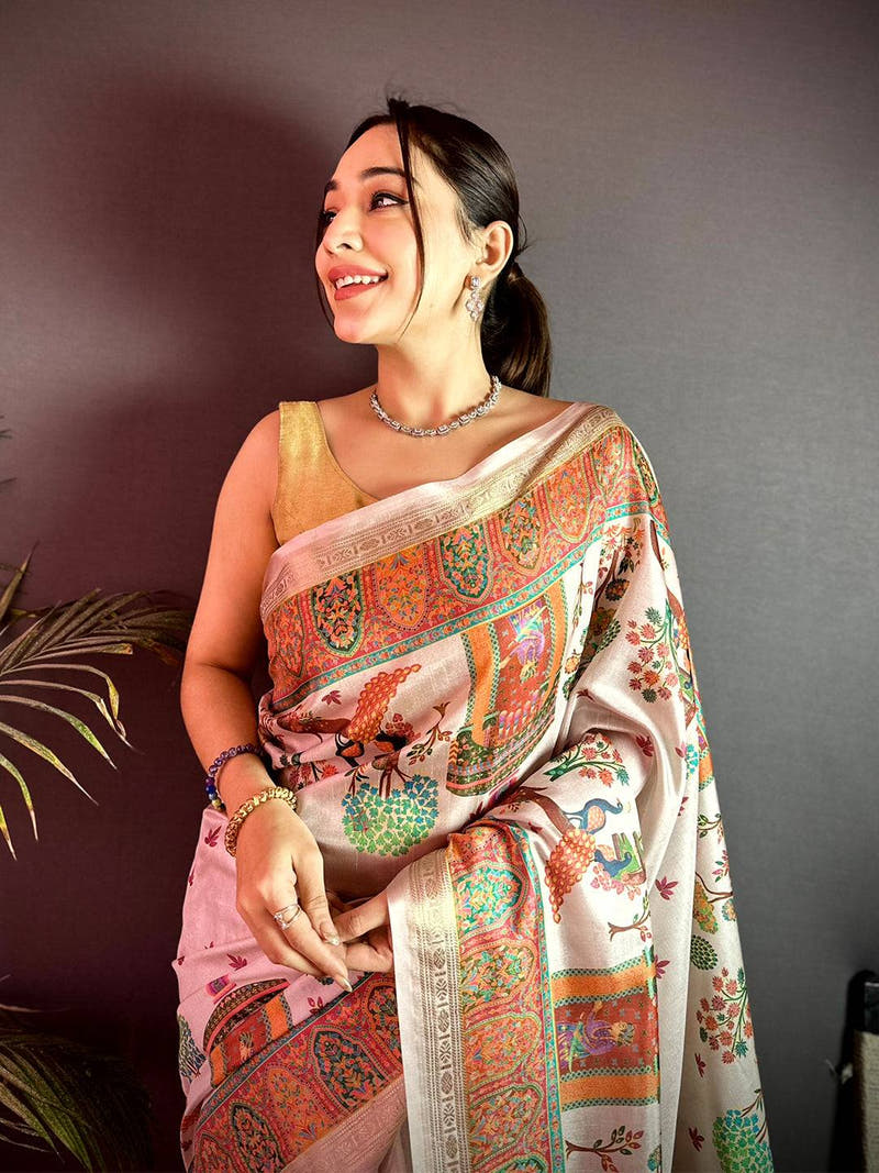 Off White Kashmiri Kalamkari Soft Silk Saree