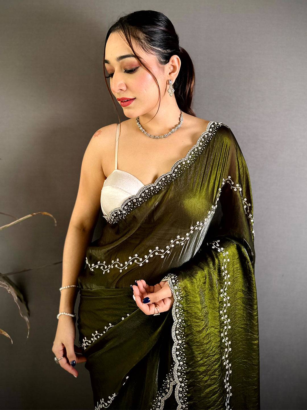 Classic Heavy Pearl Work Satin Zari Saree