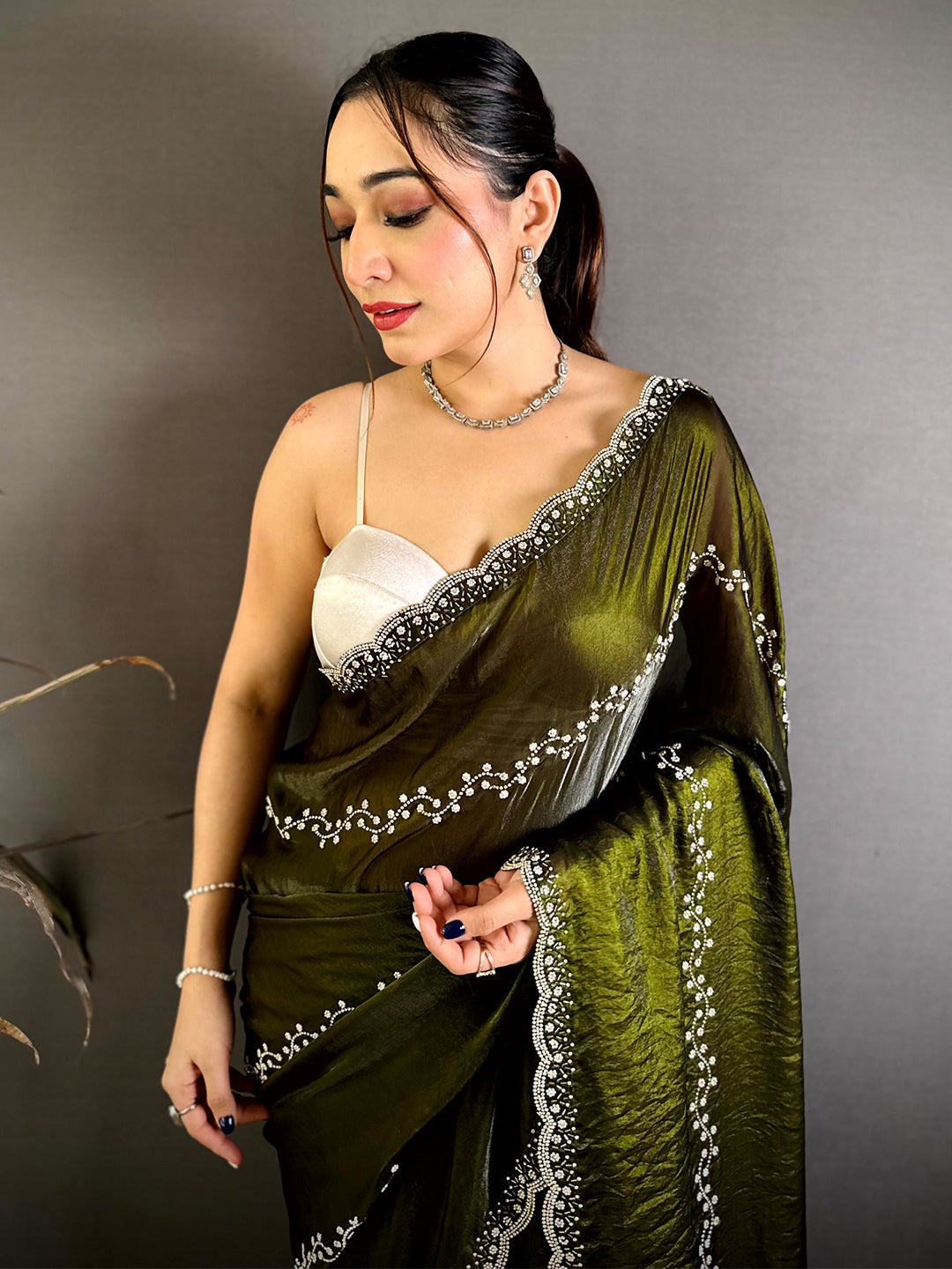 Classic Heavy Pearl Work Satin Zari Saree