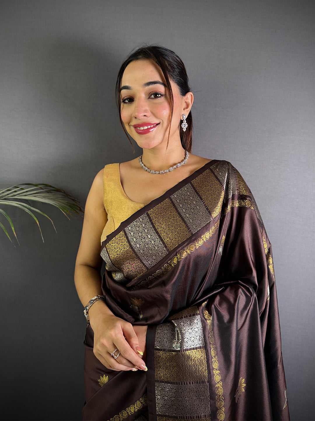 Brown Soft Silk Sona Chandi Butta Saree