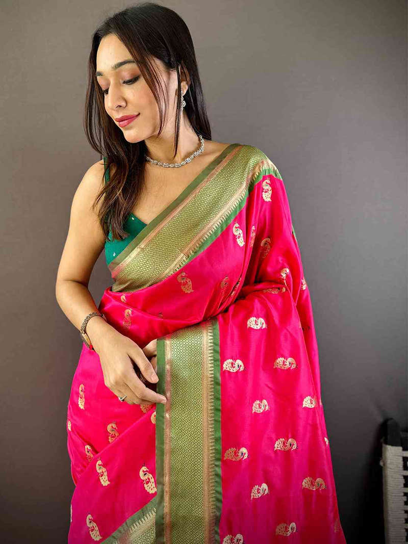 Exquisite Yevla Paithani Minakari Work Silk Saree in Pink Colour