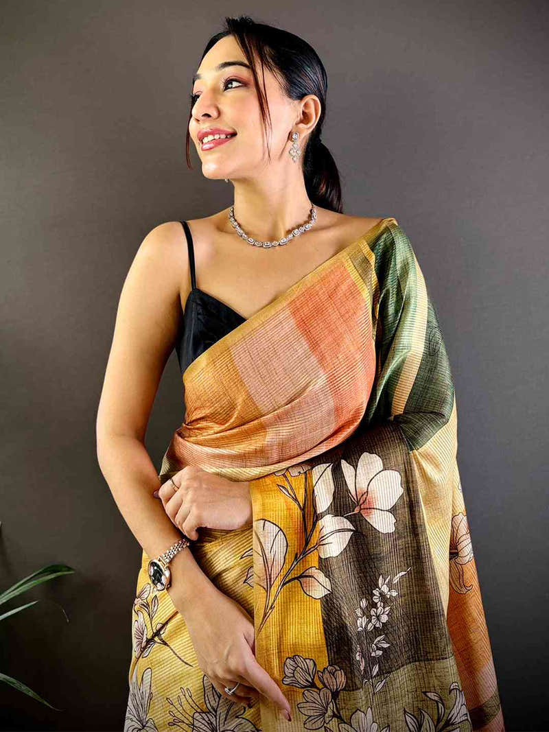 Light Yellow Tussar Zari Floral Saree