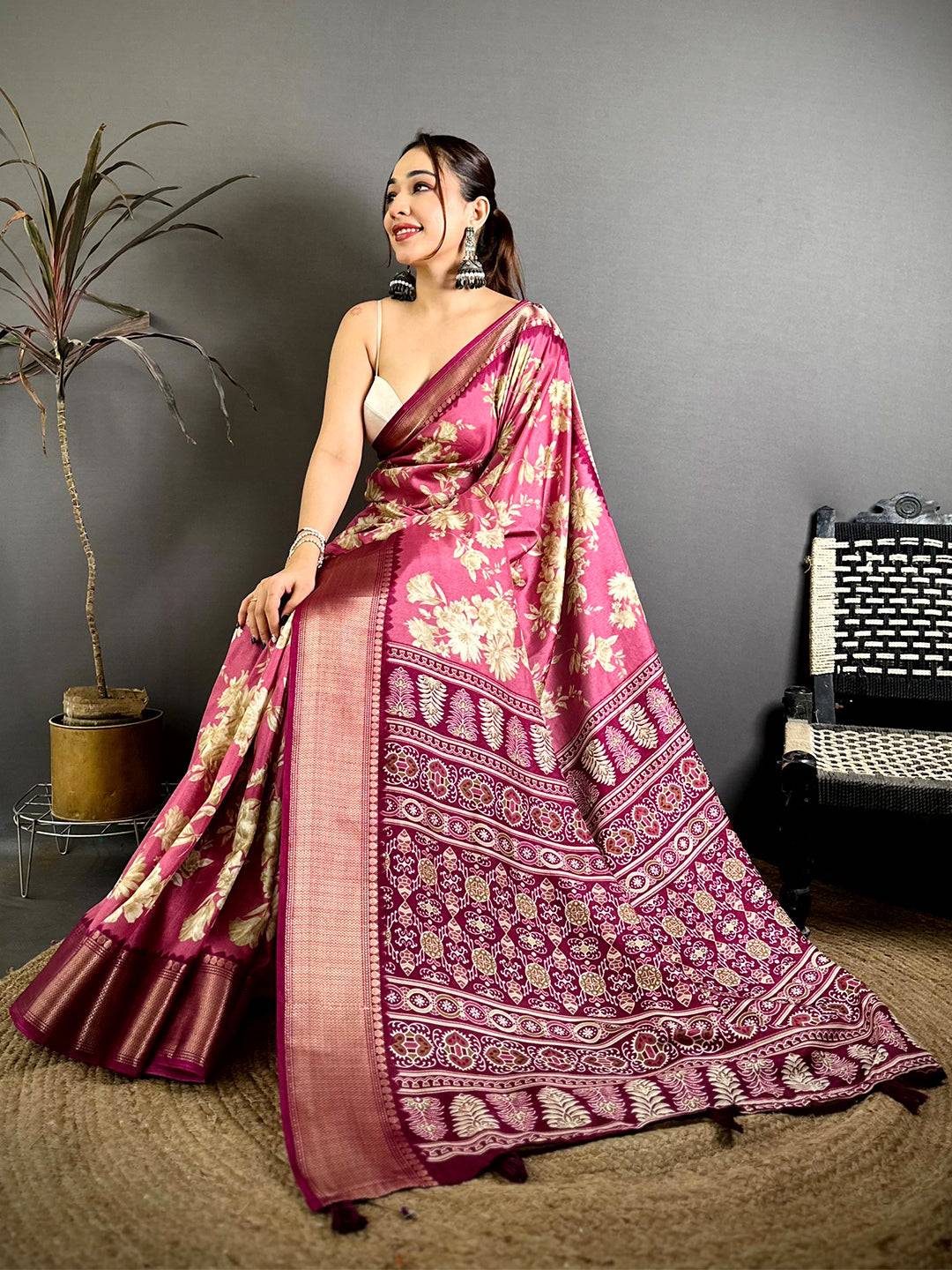 Pink Dola Big Floral Zari Kanchi Saree