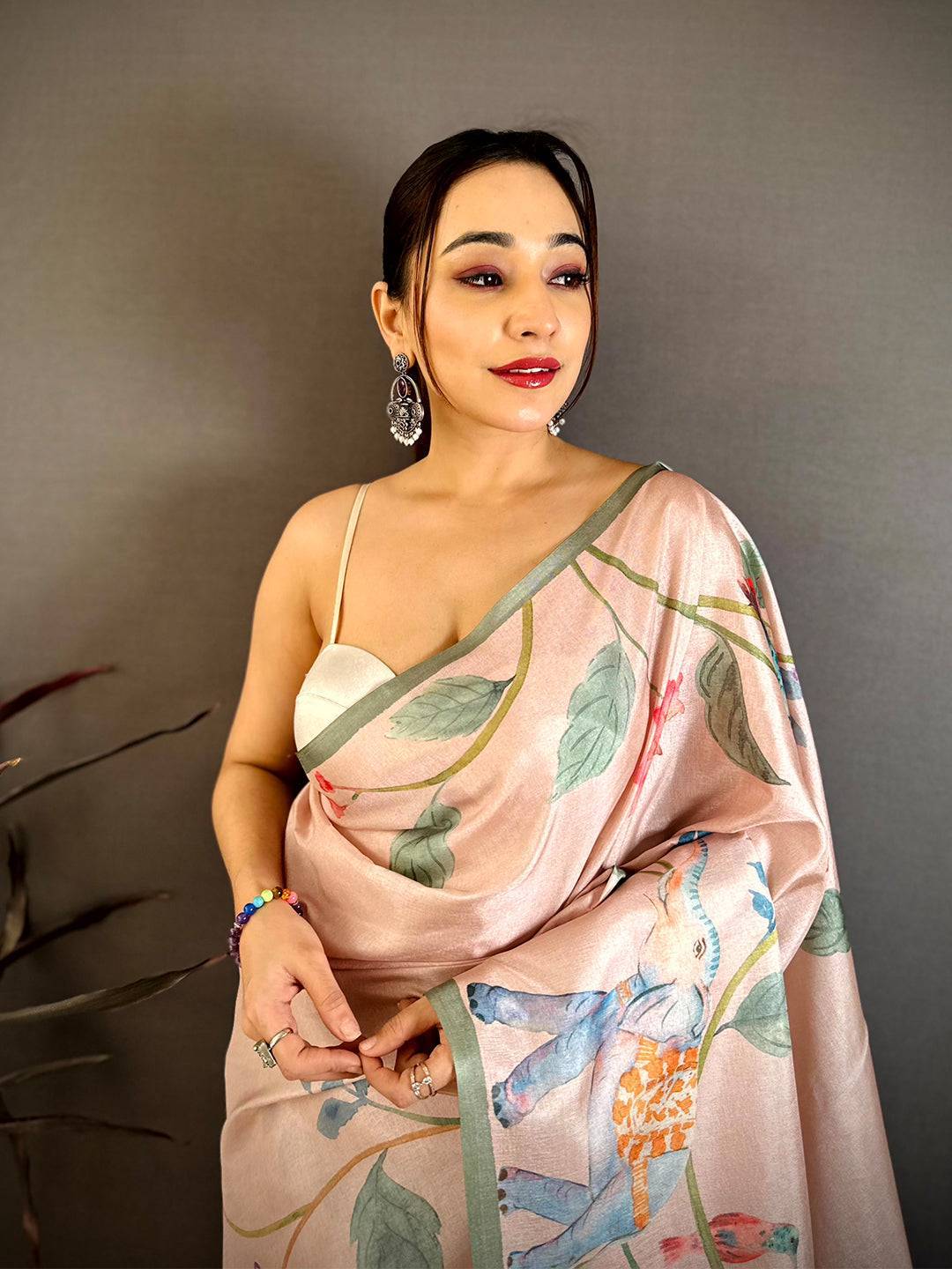 Pink Tussar Floral Water Block Saree