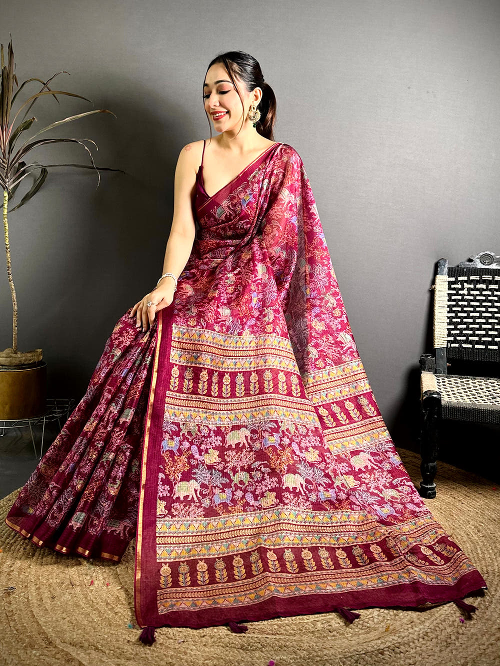 Wine Kota Doriya Kalamkari Print Saree