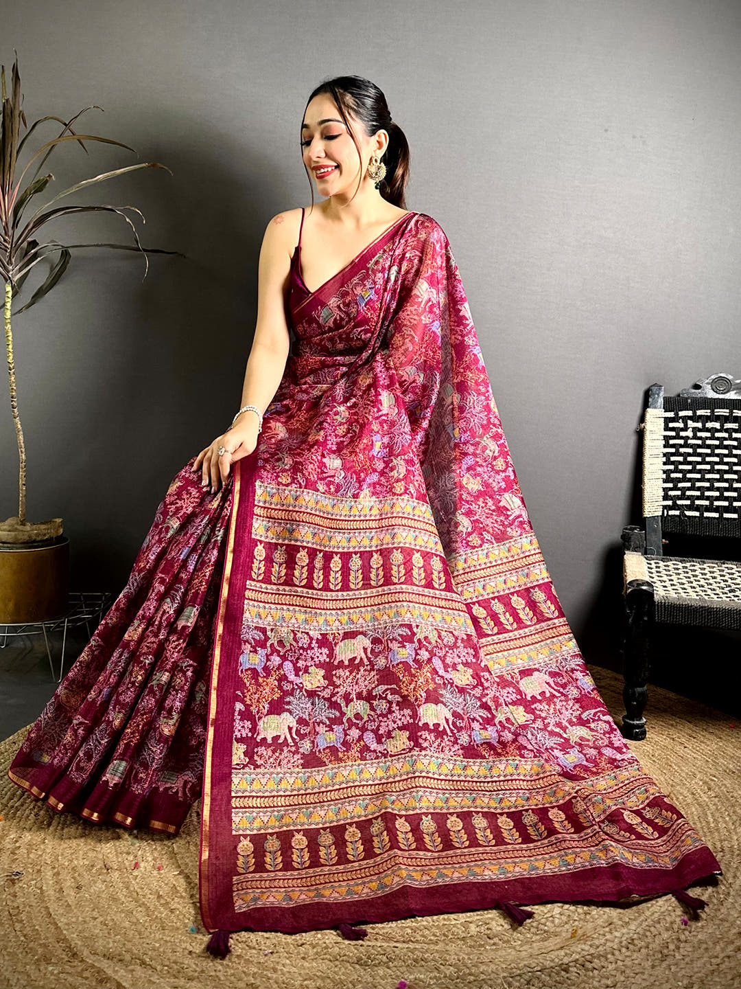 Wine Kota Doriya Kalamkari Print Saree