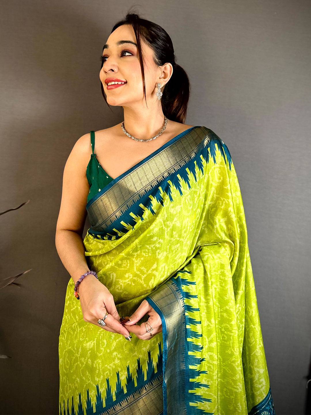 Lime Green Pearl Ikkat Dola Silk Saree