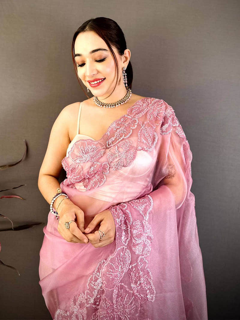 Stylish Heavy Pearl Work Organza Saree