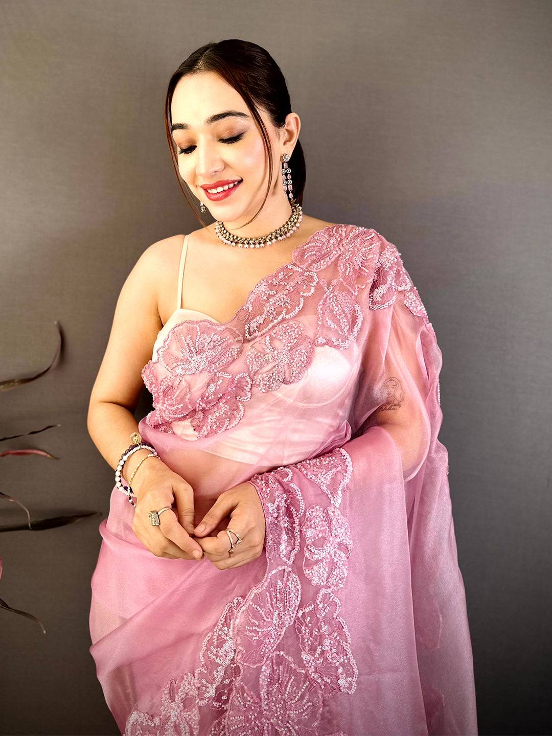 Stylish Heavy Pearl Work Organza Saree