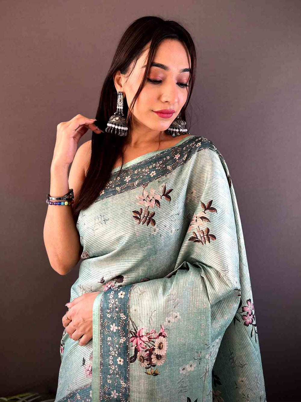 Pastel Green Zari Tussar Floral Print Saree