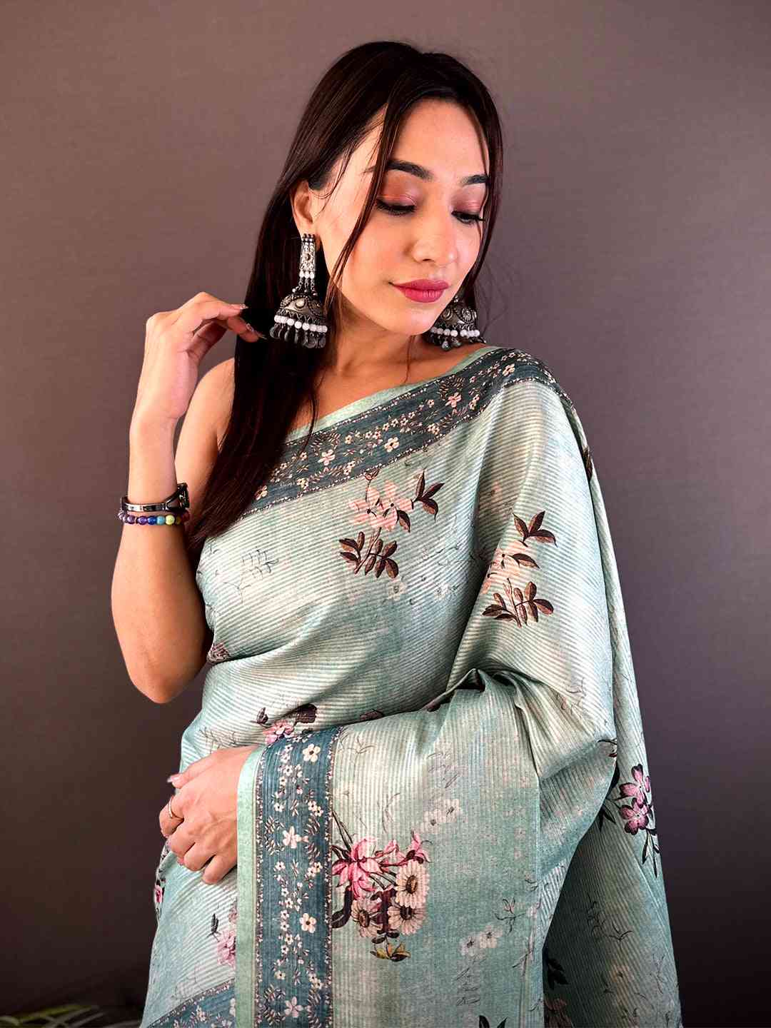Pastel Green Zari Tussar Floral Print Saree