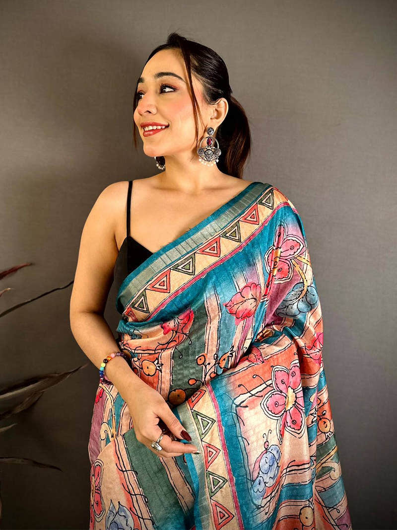 Vibrant Tussar Rainbow Striped Saree