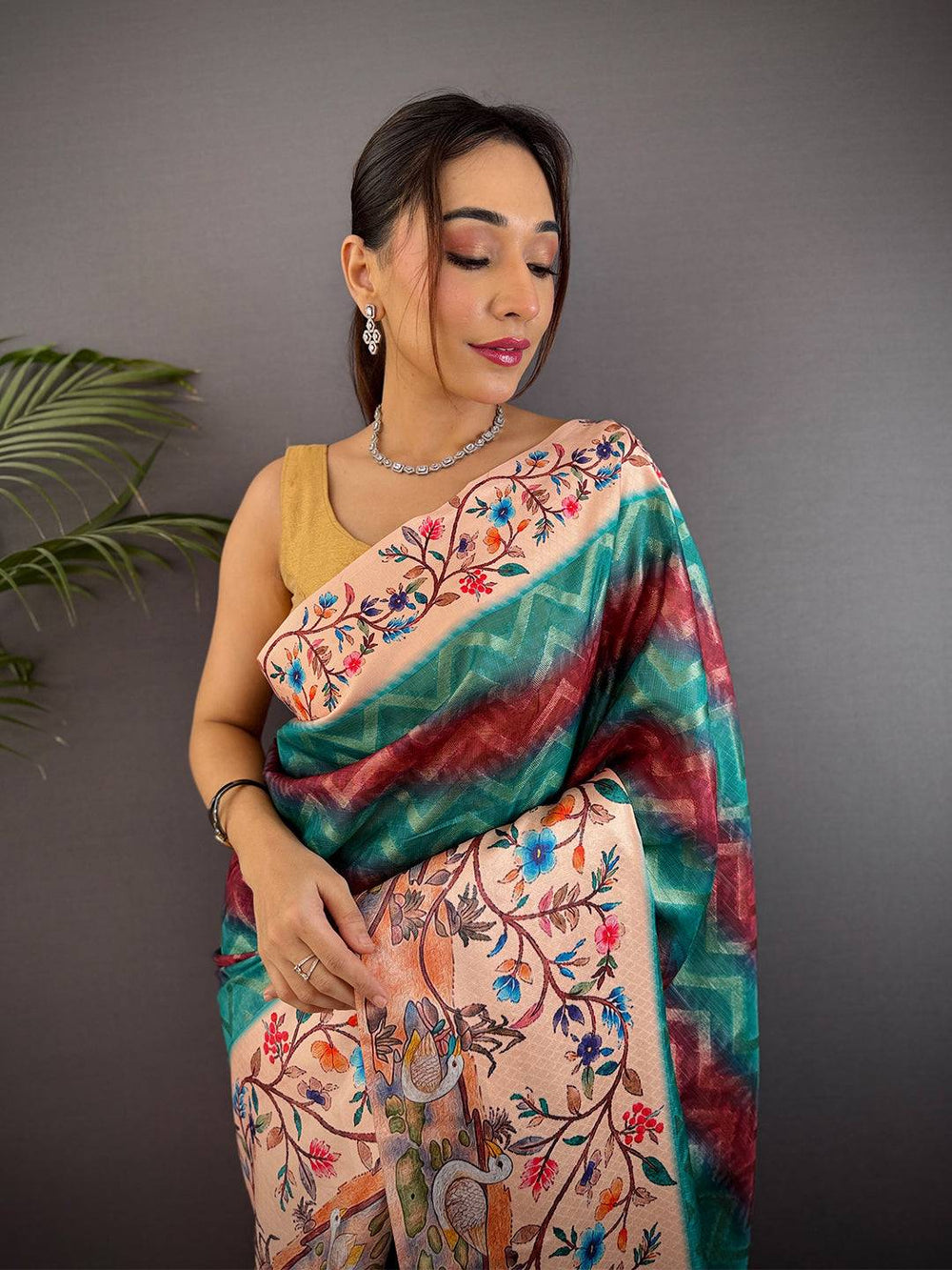 Teal Blue Madhubani Print Soft Silk Saree