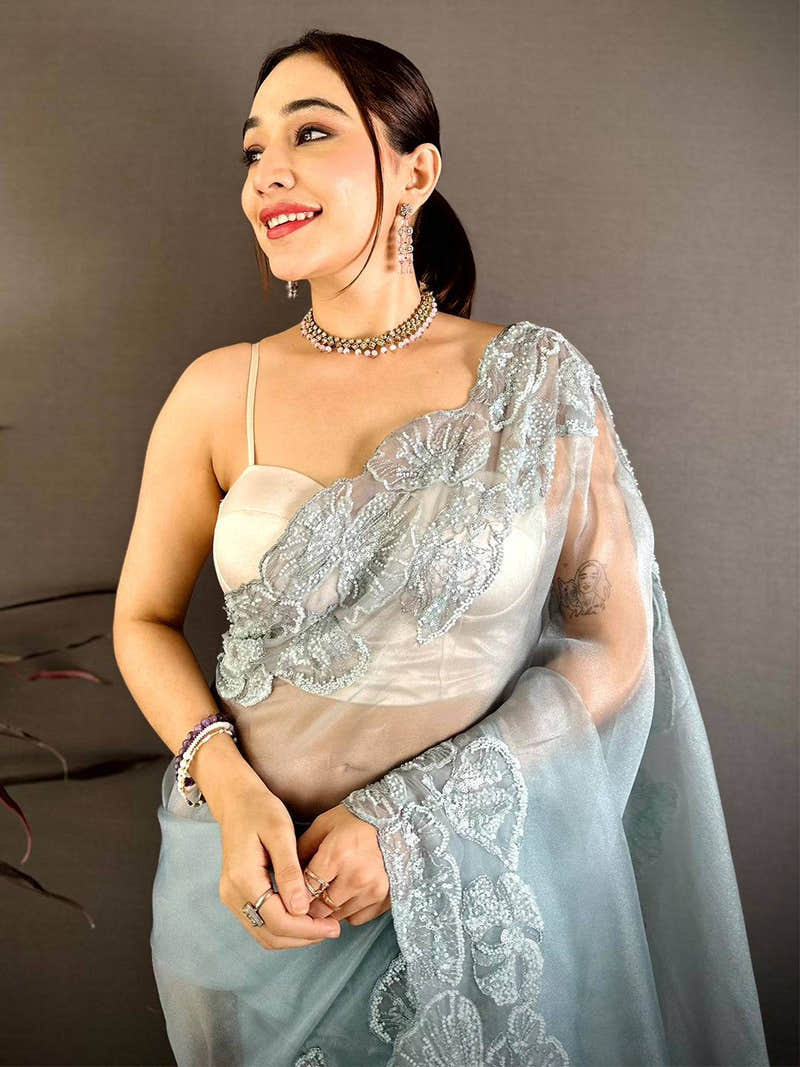 Radiant Heavy Pearl Work Organza Saree
