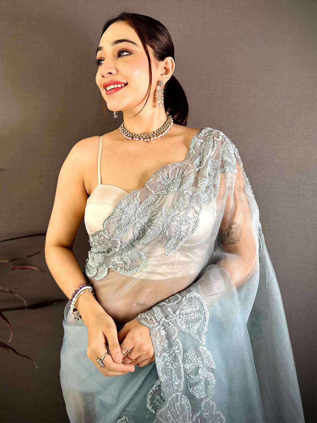 Radiant Heavy Pearl Work Organza Saree