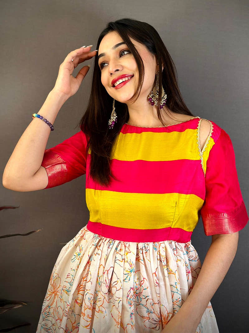 Yellow and Pink Striped Soft Kota Doriya Dress with Floral Print