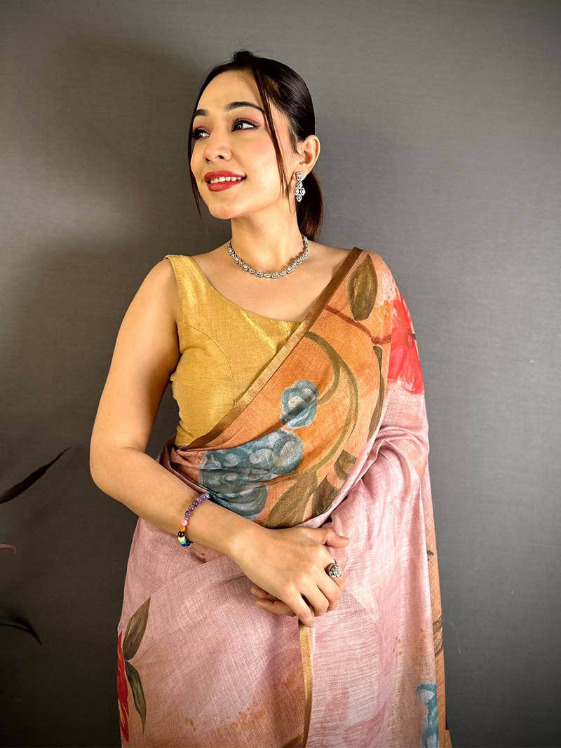 Peach Gold Zari Linen Chanderi Saree