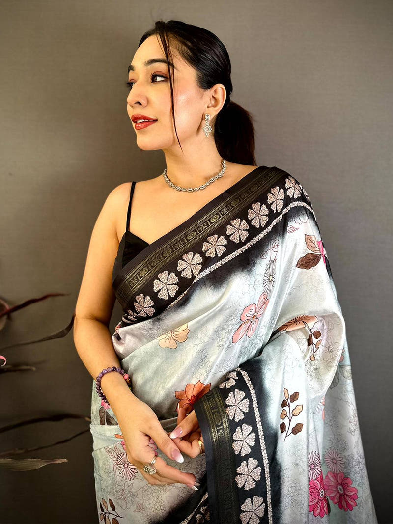 Heritage Floral Soft Silk Zari Border Saree