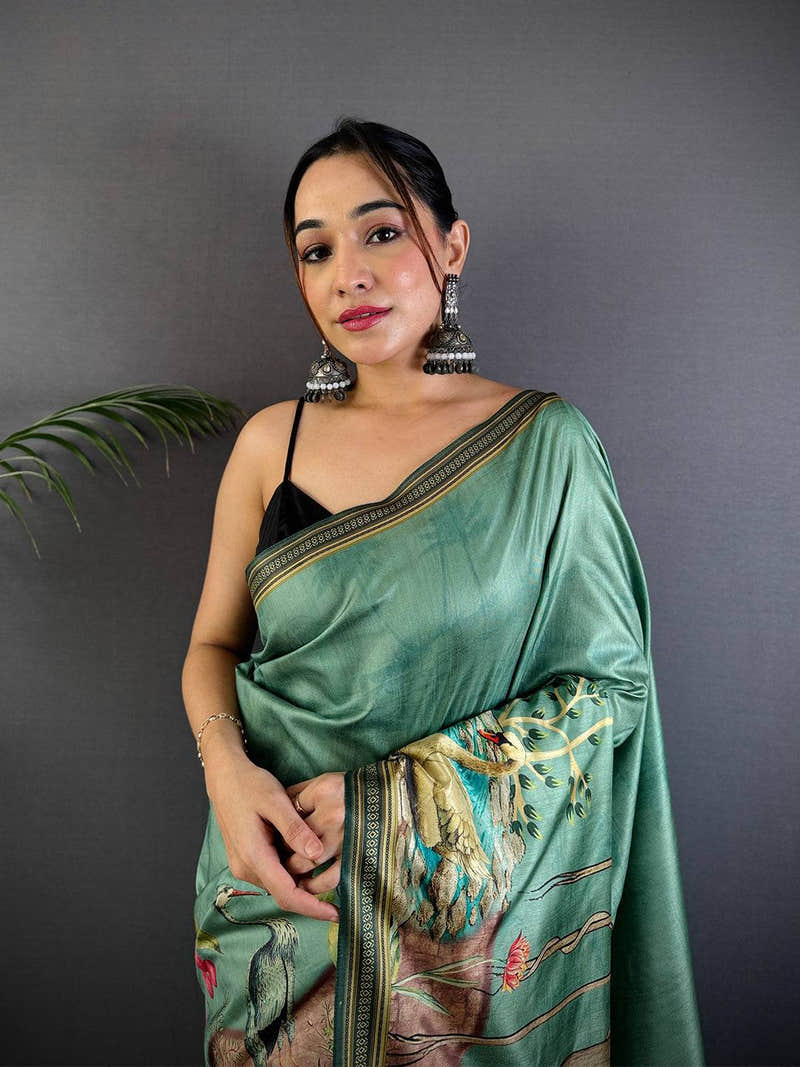 Green Soft Dola Silk Printed Saree