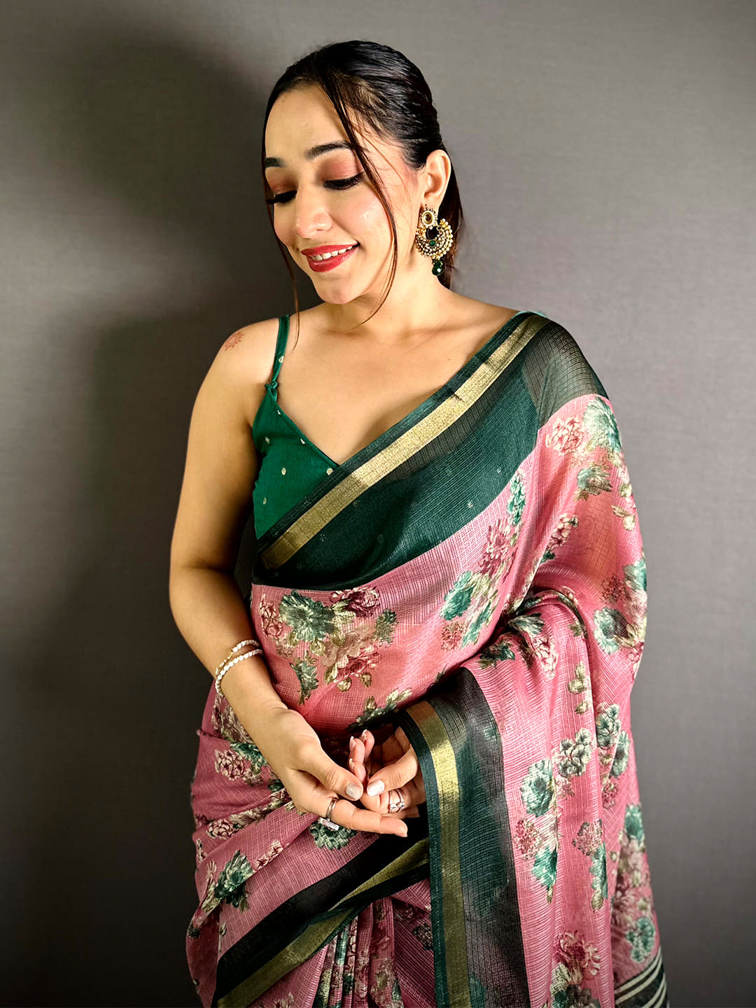 Elegant Kota Doriya Printed Floral Saree