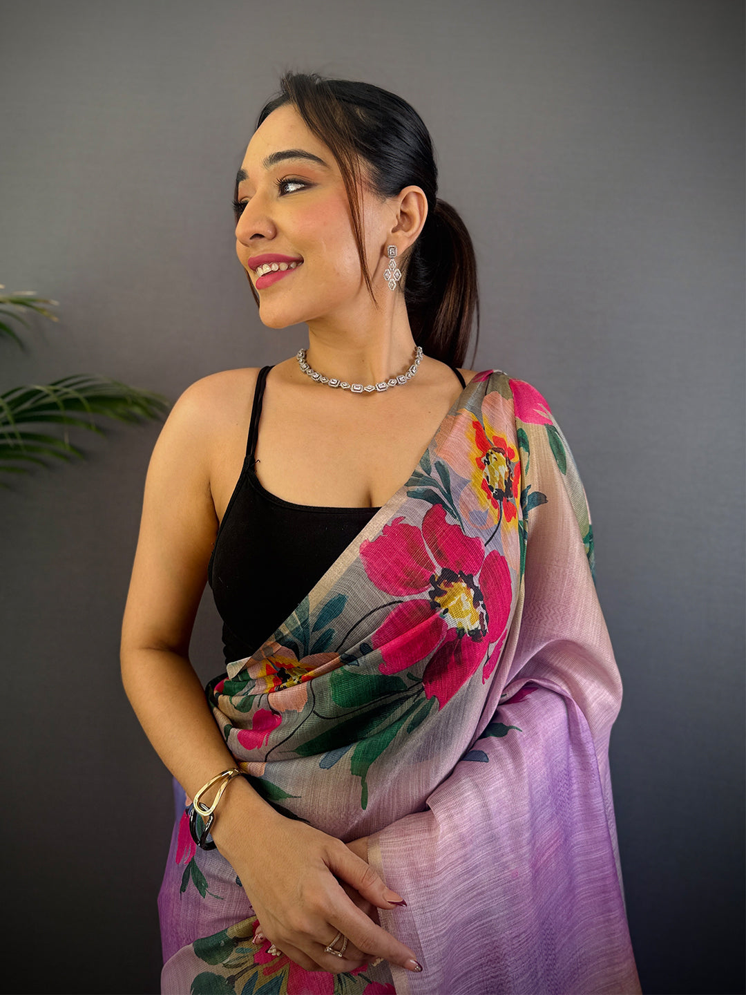 Purple Linen Chanderi Floral Print Saree