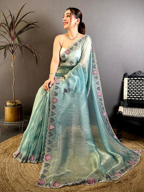 Elegant Hand Painted Border Diamond Work Saree – view 4