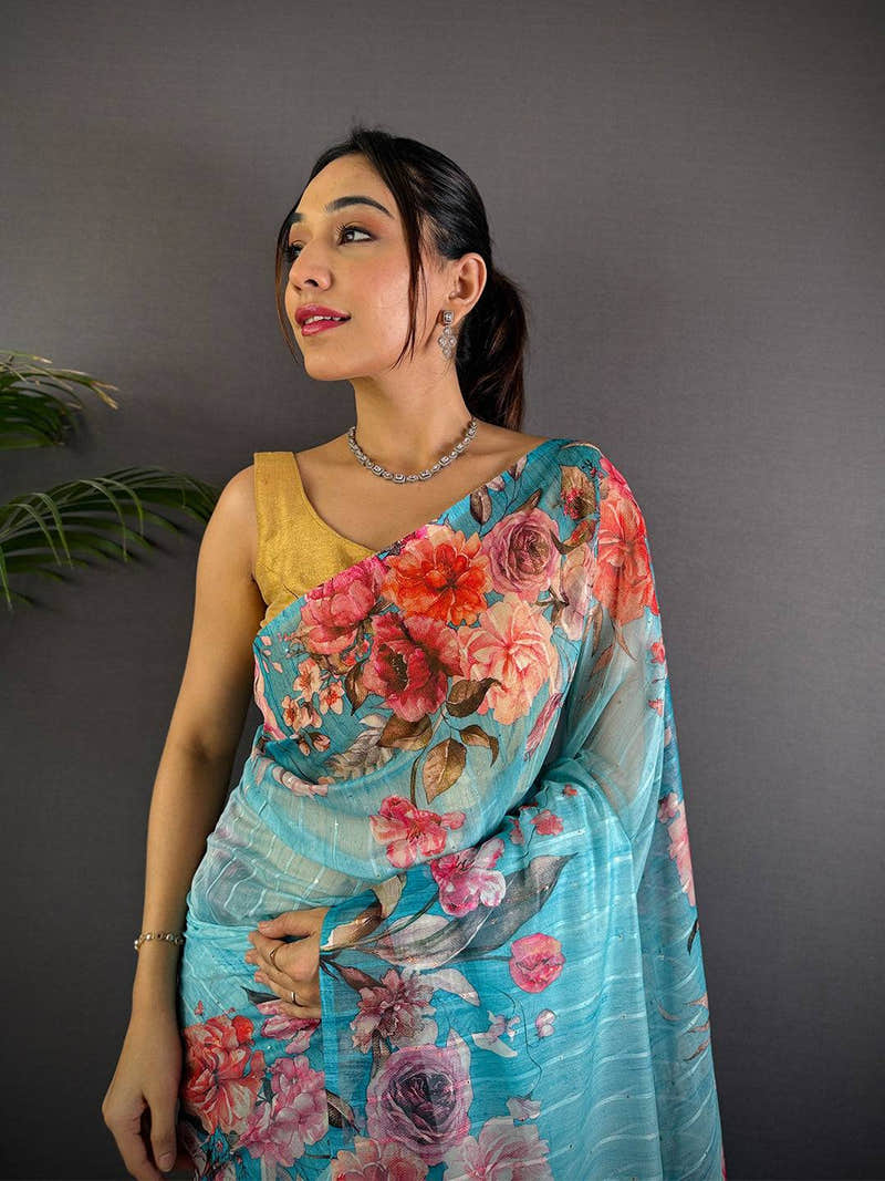 Sky Blue Soft Organza Digital Floral Saree