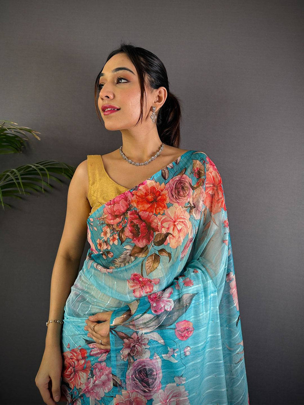 Sky Blue Soft Organza Digital Floral Saree