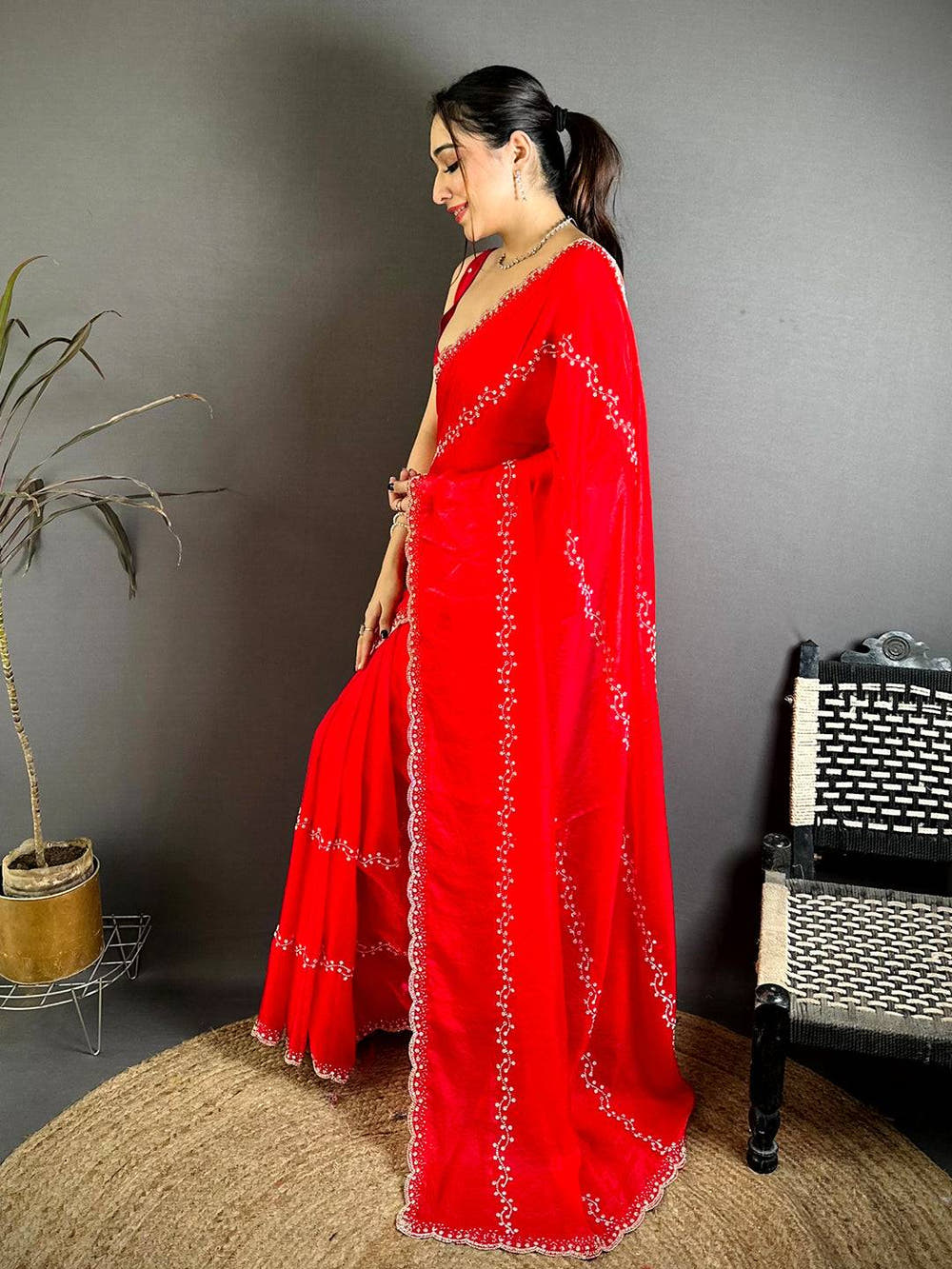 Radiant Heavy Pearl Work Satin Zari Saree