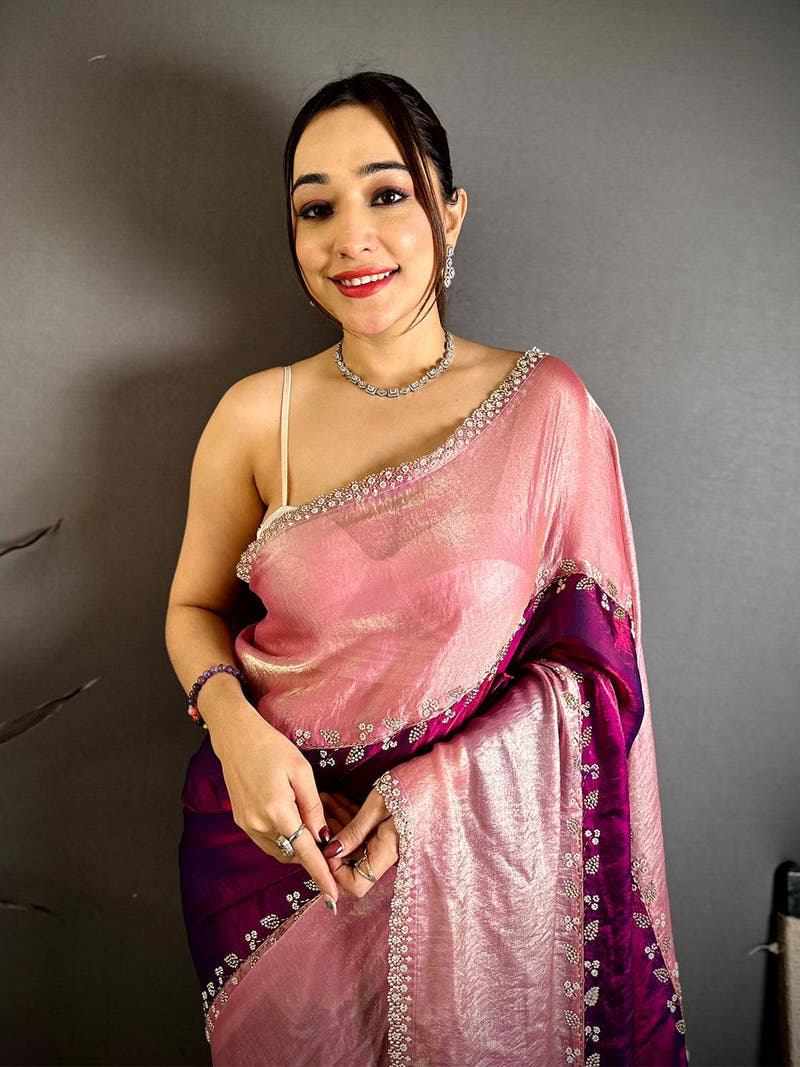 Stylish Peal Satin Tissue Saree
