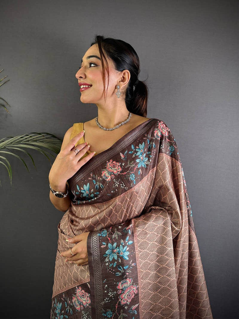 Coffee Brown Geometric Ghicha Silk Saree