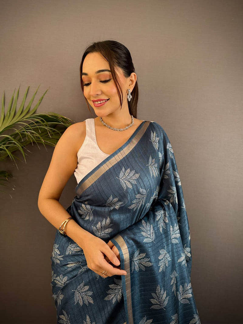 Steel Blue Leaf Print Ghicha Handloom Saree
