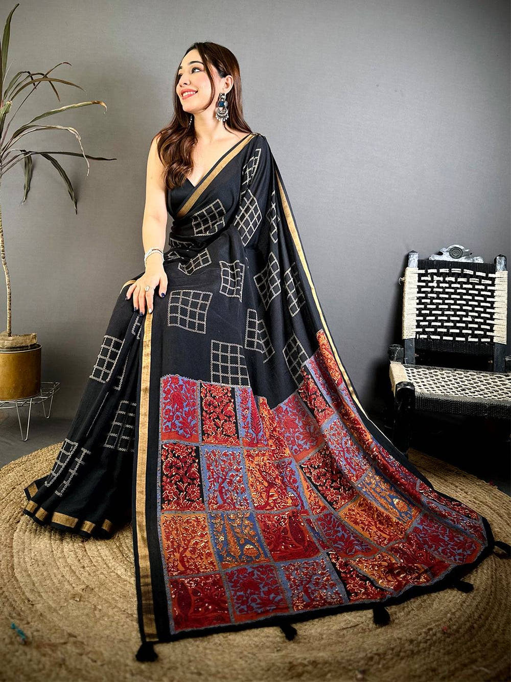 Black Mul Cotton Kalamkari Print Pallu Saree