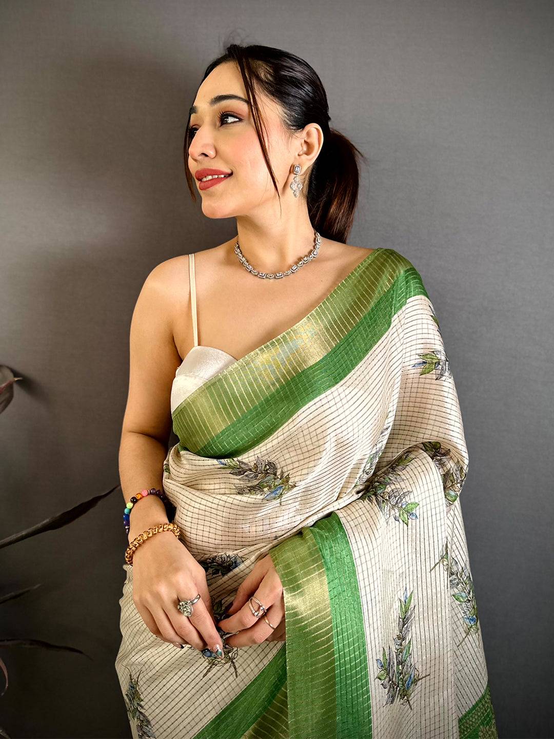 Green Leaf Minakari Tussar Saree
