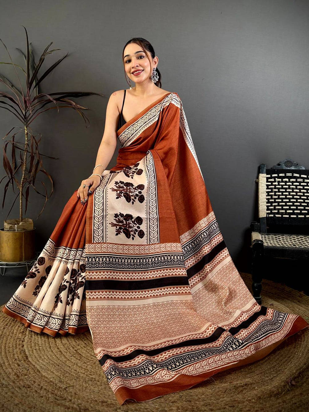 Rust Block Panel Stripe Tussar Saree