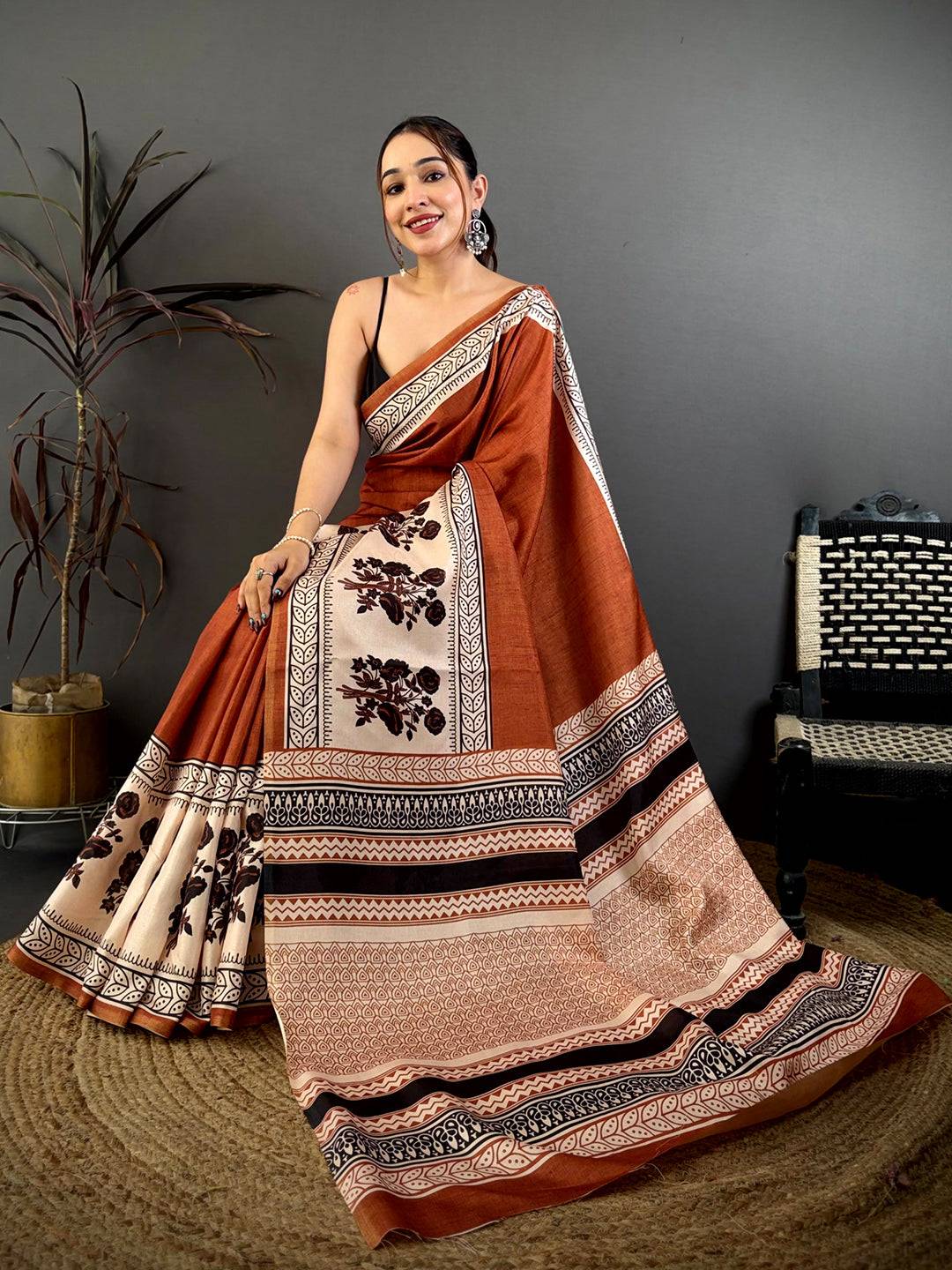 Rust Block Panel Stripe Tussar Saree