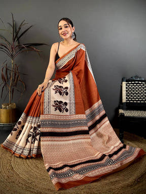 Rust Block Panel Stripe Tussar Saree